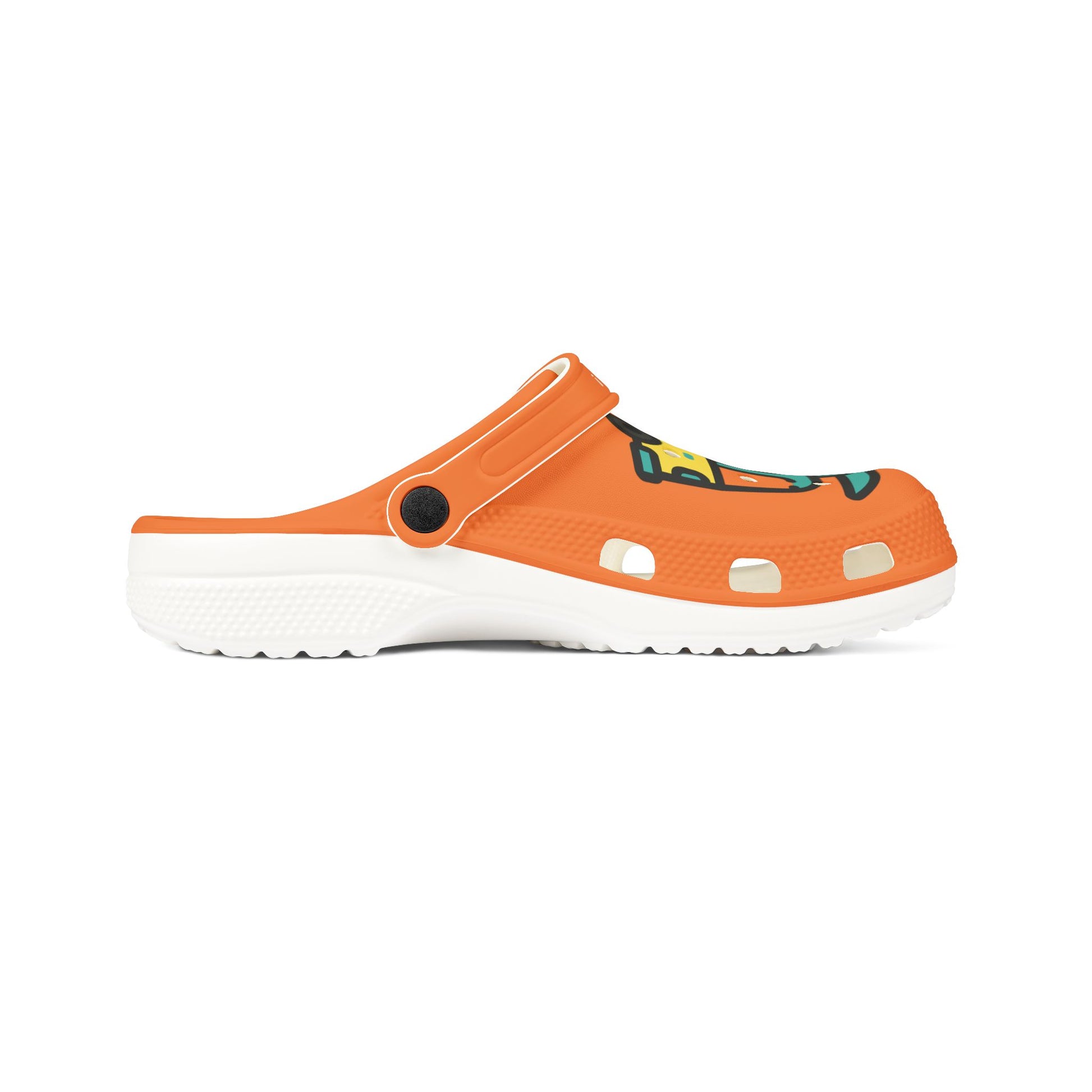 Printify orange casual clogs for women with white sole and colorful design on top