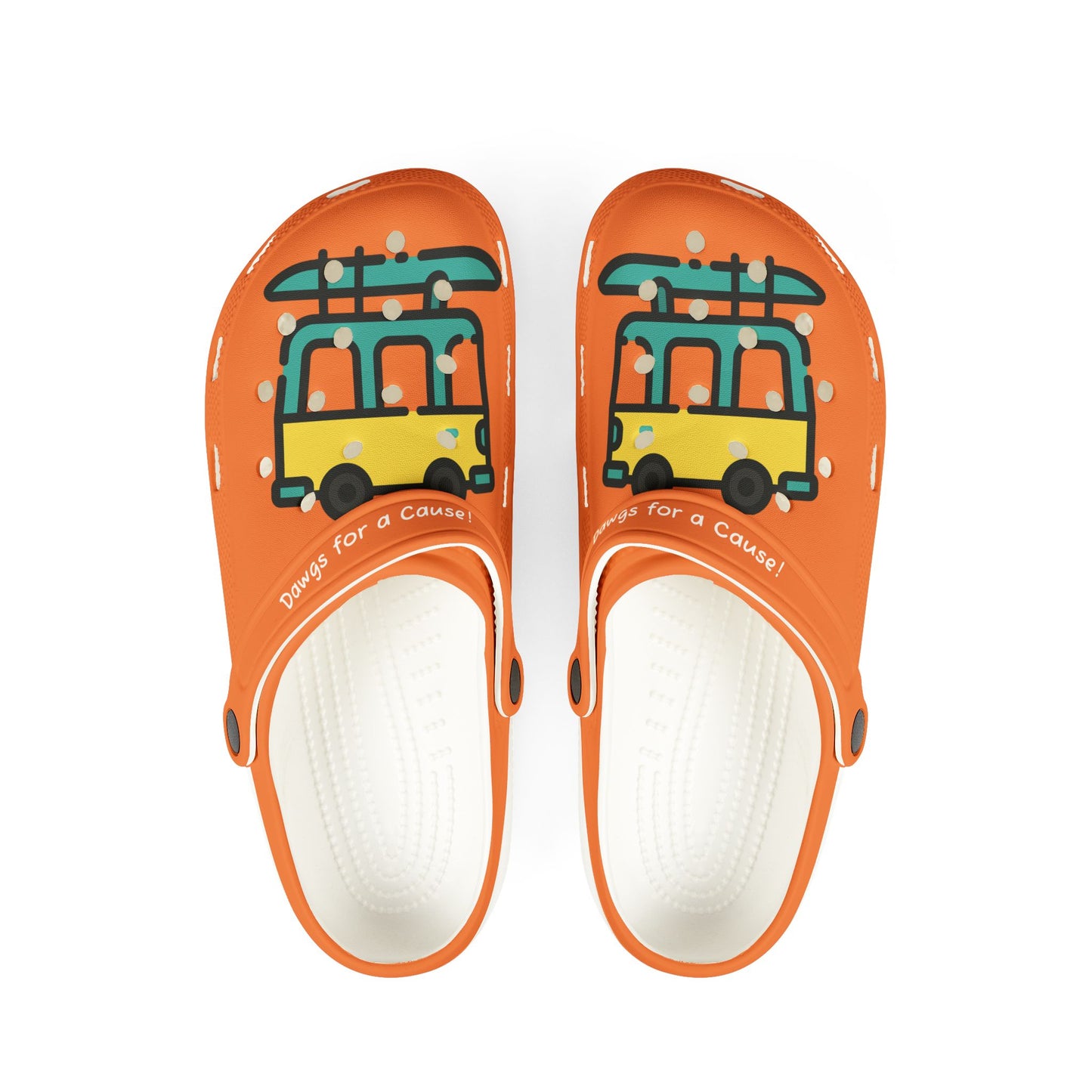 Printify orange casual clogs for women with colorful van and surfboard design