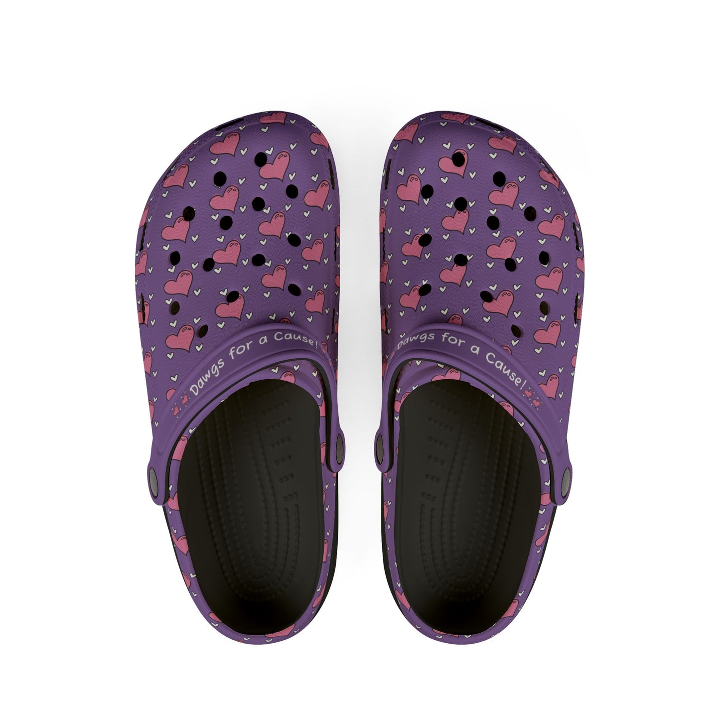 Purple casual clogs for women with heart pattern and adjustable strap by Printify