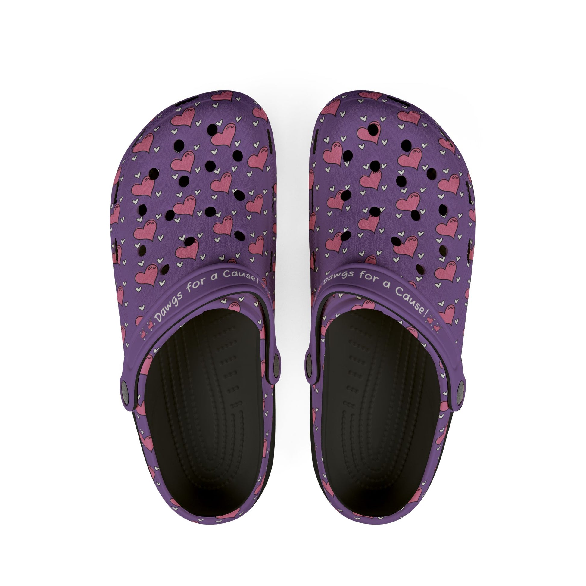 Purple casual clogs for women with heart pattern and adjustable strap by Printify