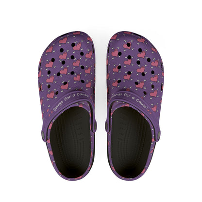 Purple casual clogs for women with heart pattern and adjustable strap by Printify