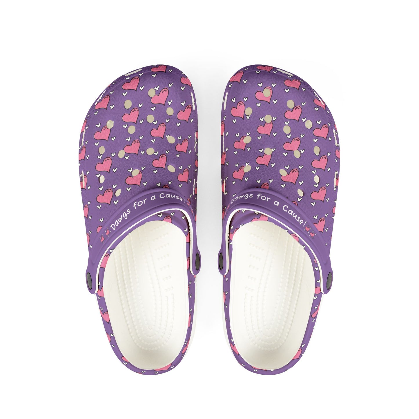 Purple casual clogs for women with heart pattern and white cushioned sole by Printify