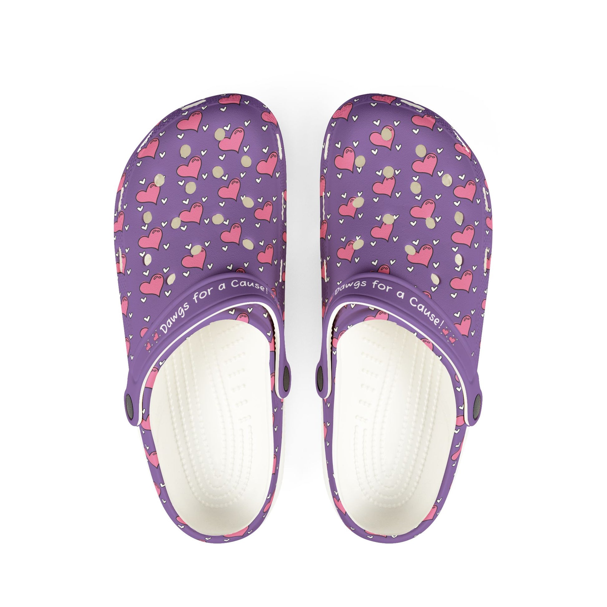 Purple casual clogs for women with heart pattern and white cushioned sole by Printify