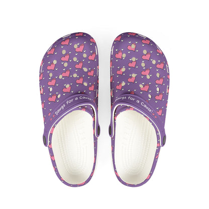 Purple casual clogs for women with heart pattern and white cushioned sole by Printify