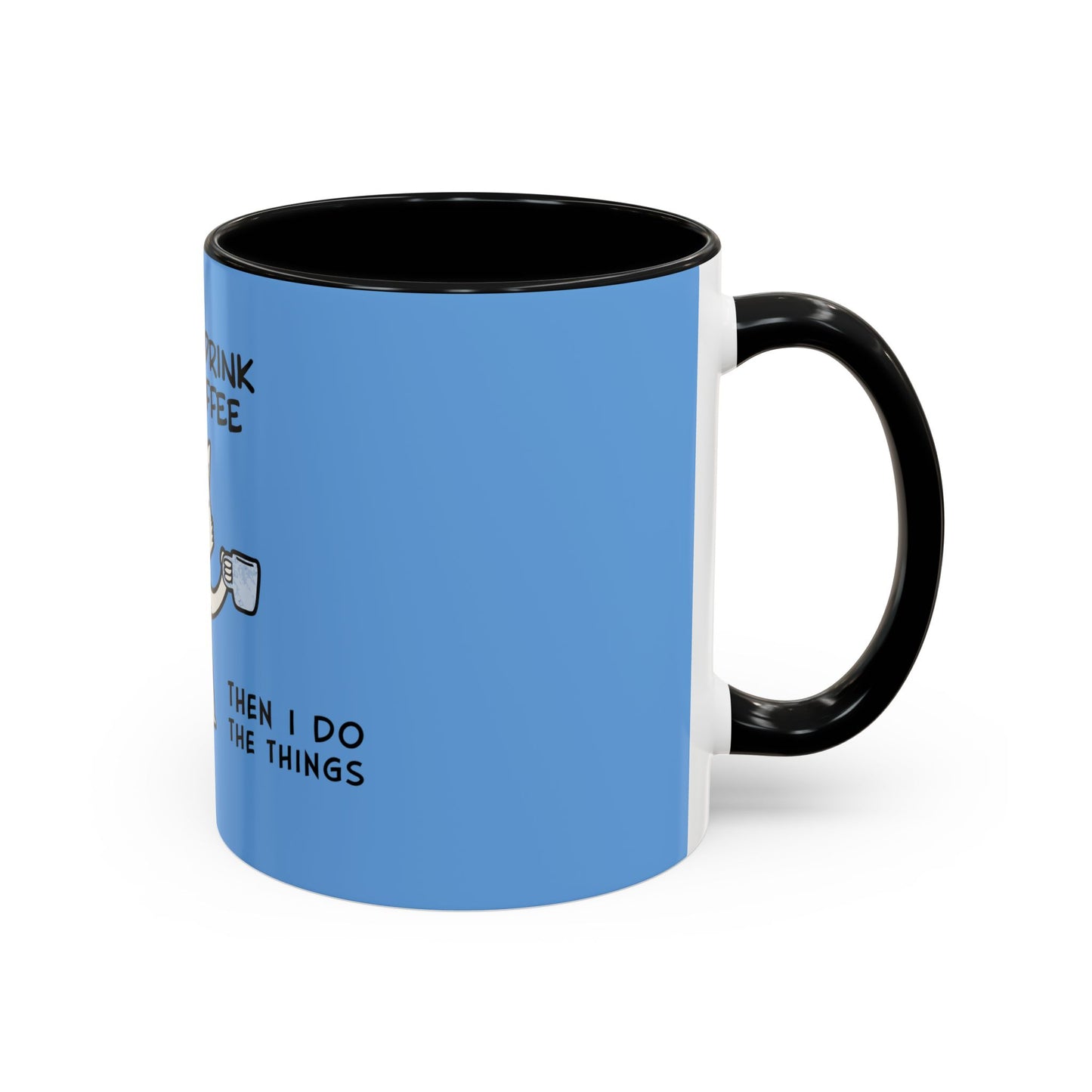 Printify coffee mug with black handle and interior featuring blue background and coffee-related text