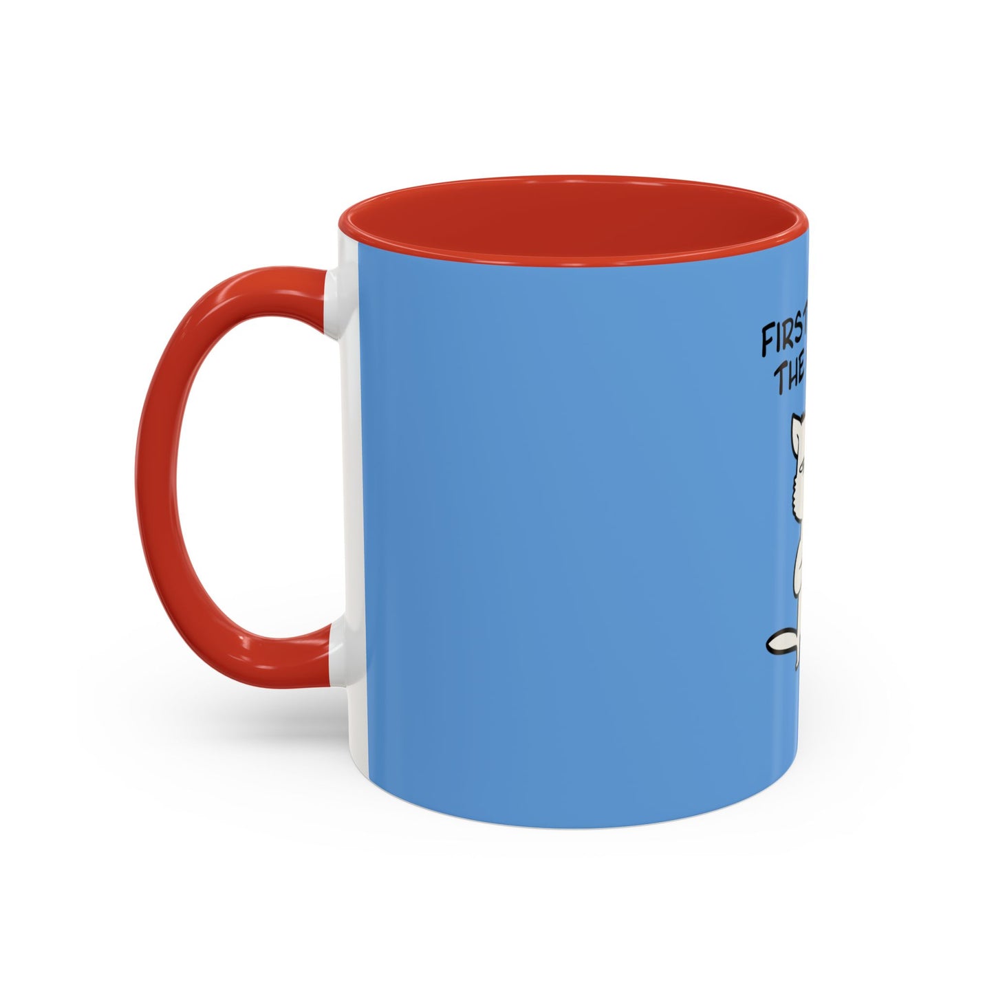 Printify coffee mug with red handle and interior featuring a blue exterior design