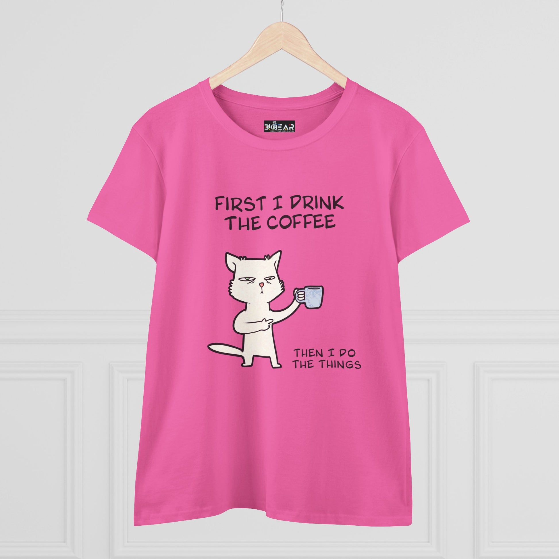 Pink cat coffee shirt with cartoon cat holding a coffee cup and funny text design