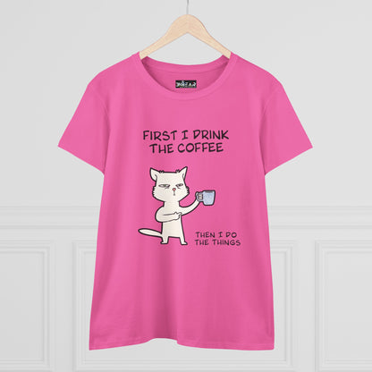Pink cat coffee shirt with cartoon cat holding a coffee cup and funny text design