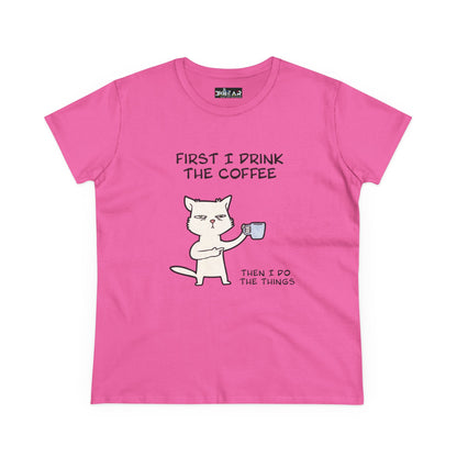 Pink Printify cat coffee shirt with cartoon cat holding coffee mug and funny text
