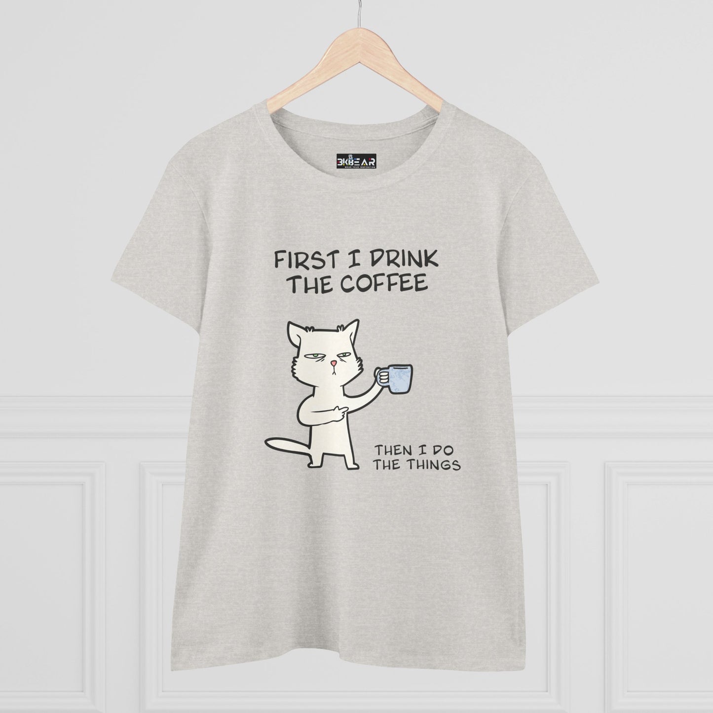 Light gray cat coffee shirt with a cartoon cat holding a coffee cup and funny text print