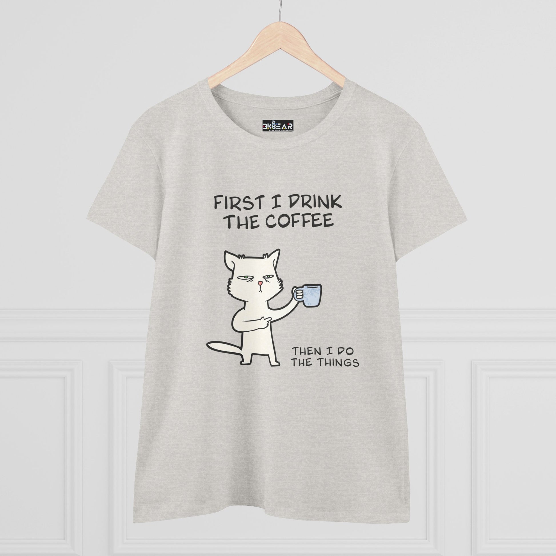 Light gray cat coffee shirt with a cartoon cat holding a coffee cup and funny text print