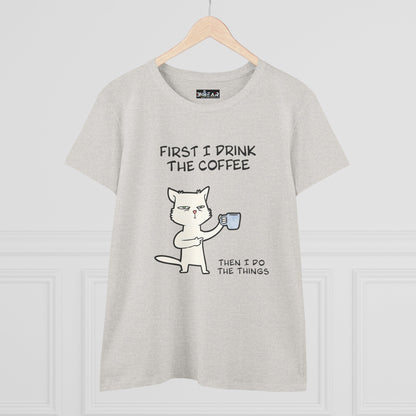 Light gray cat coffee shirt with a cartoon cat holding a coffee cup and funny text print