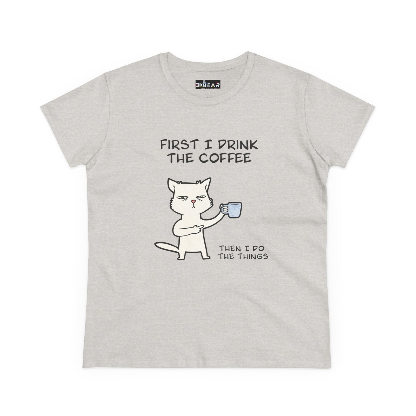 Printify cat coffee shirt with cartoon cat holding coffee and text First I drink the coffee