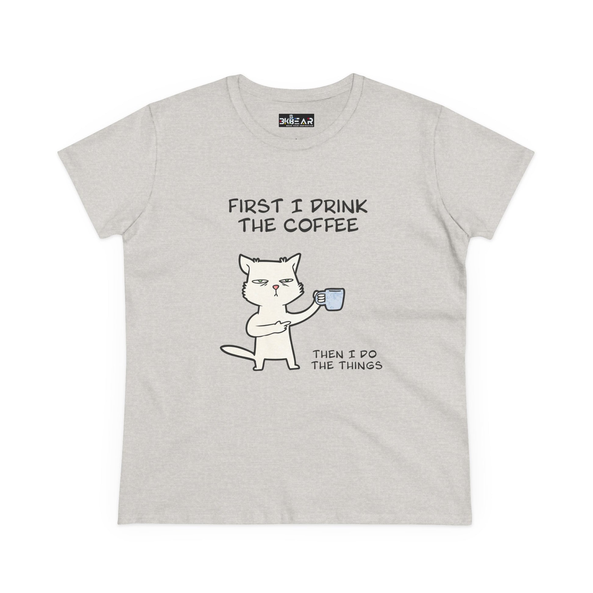 Printify cat coffee shirt with cartoon cat holding coffee and text First I drink the coffee