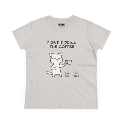 Printify cat coffee shirt with cartoon cat holding coffee and text First I drink the coffee