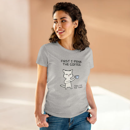 Gray cat coffee shirt with a cartoon cat holding a coffee mug and funny text worn by a woman