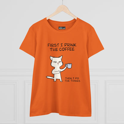 Orange cat coffee shirt with a white cat holding a coffee cup and humorous text
