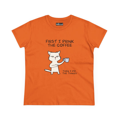 Orange Printify T-shirt with cat coffee shirt design and funny coffee drinking quote