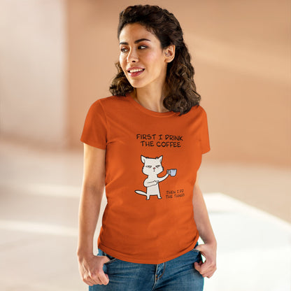 Orange cat coffee shirt with a cartoon cat holding a coffee cup and funny text worn by woman