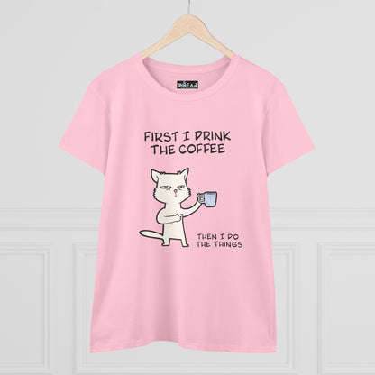 Pink cat coffee shirt with a cute cat illustration holding a coffee mug and humorous text
