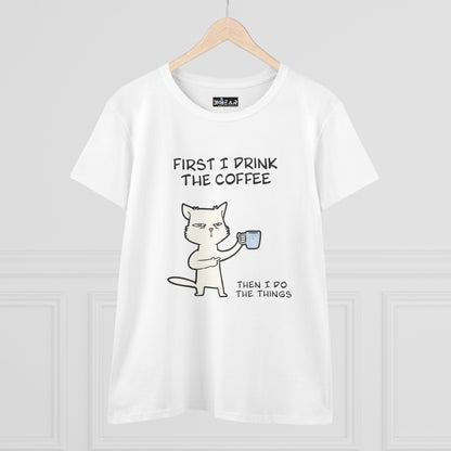 White cat coffee shirt with a cartoon cat holding a coffee cup and humorous text design