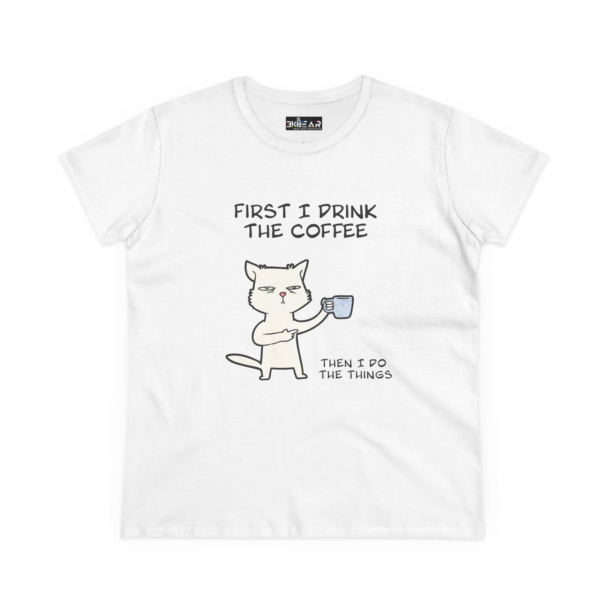White Printify cat coffee shirt with cartoon cat holding coffee cup and funny text