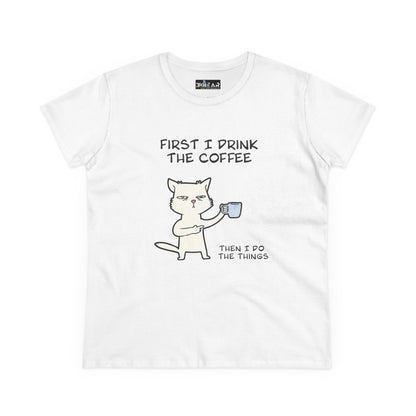 White Printify cat coffee shirt with cartoon cat holding coffee cup and funny text