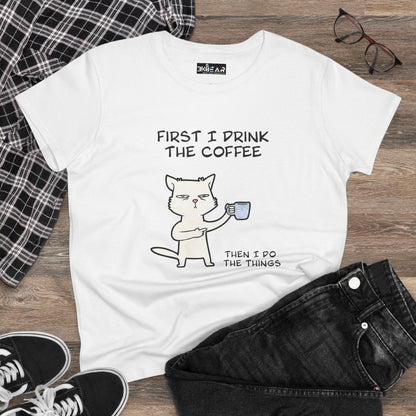White cat coffee shirt with cartoon cat holding coffee cup and humorous text print