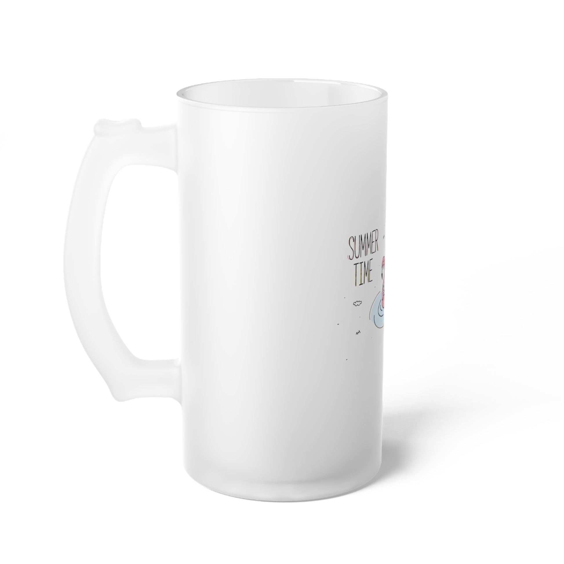 White cat themed beer mug with frosted glass and summer time design from Printify