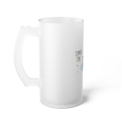 White cat themed beer mug with frosted glass and summer time design from Printify