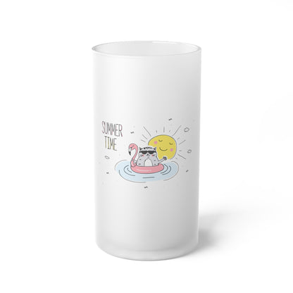 White cat themed beer mug with a summer design of a cat floating on a flamingo pool float in the sun