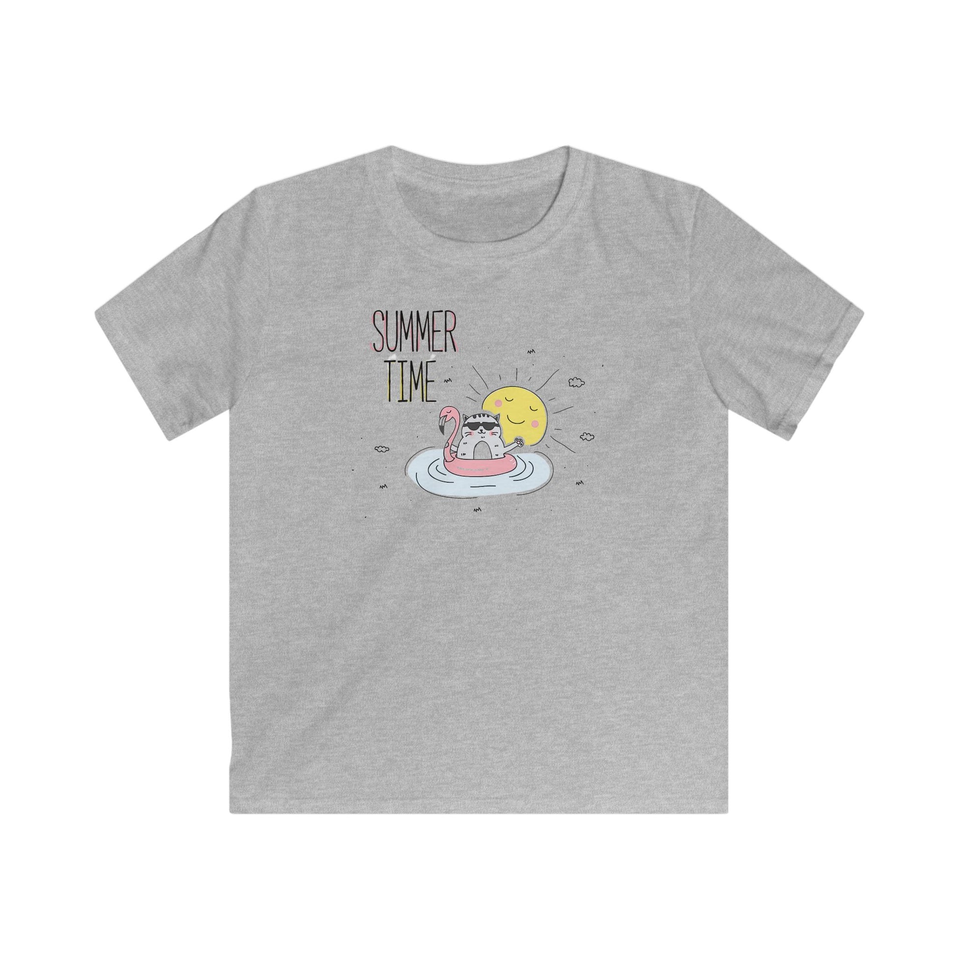 Gray childrens tee shirt with summer time cartoon design featuring a cat on a float and smiling sun