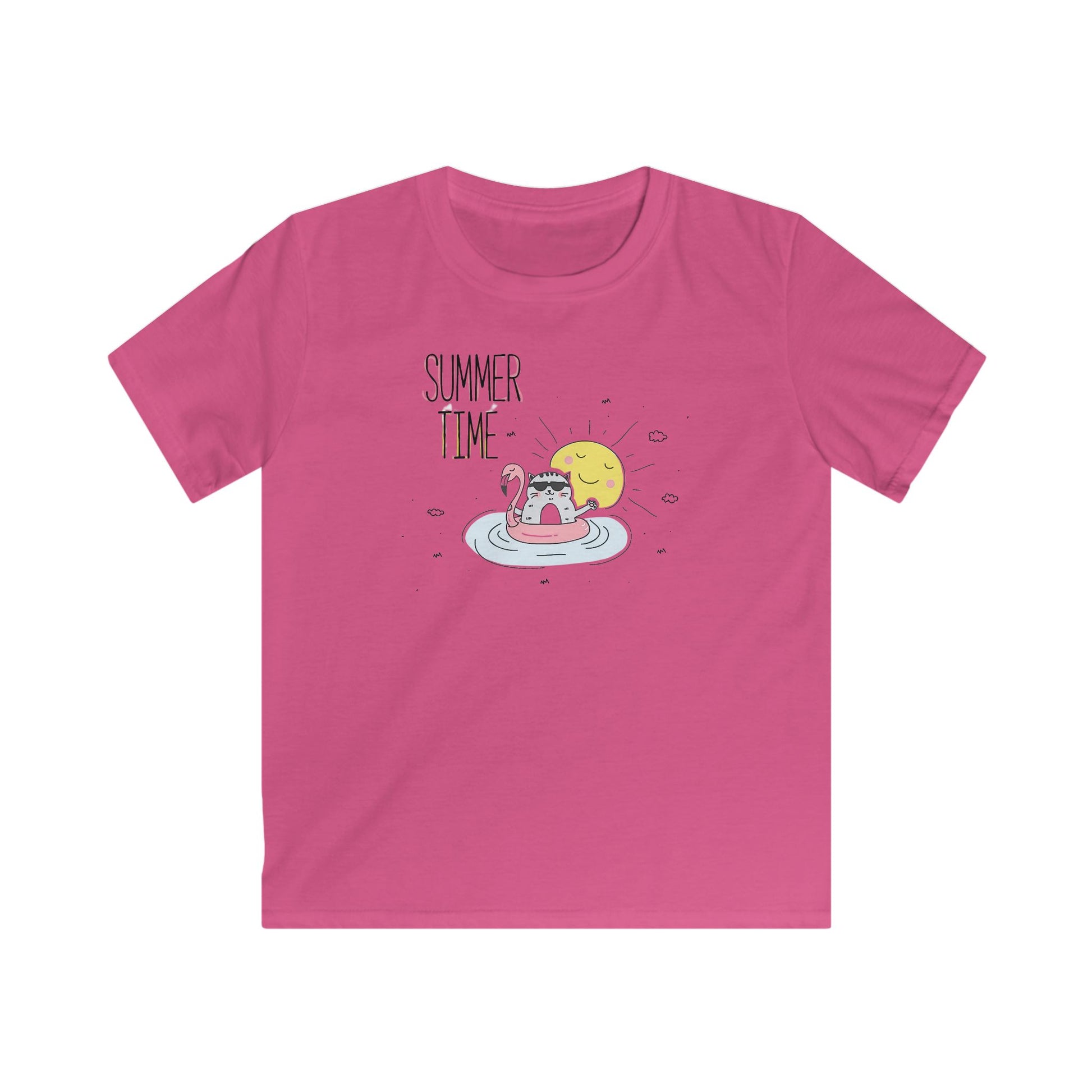Pink childrens tee shirt with summer time cartoon design of cat on float in water