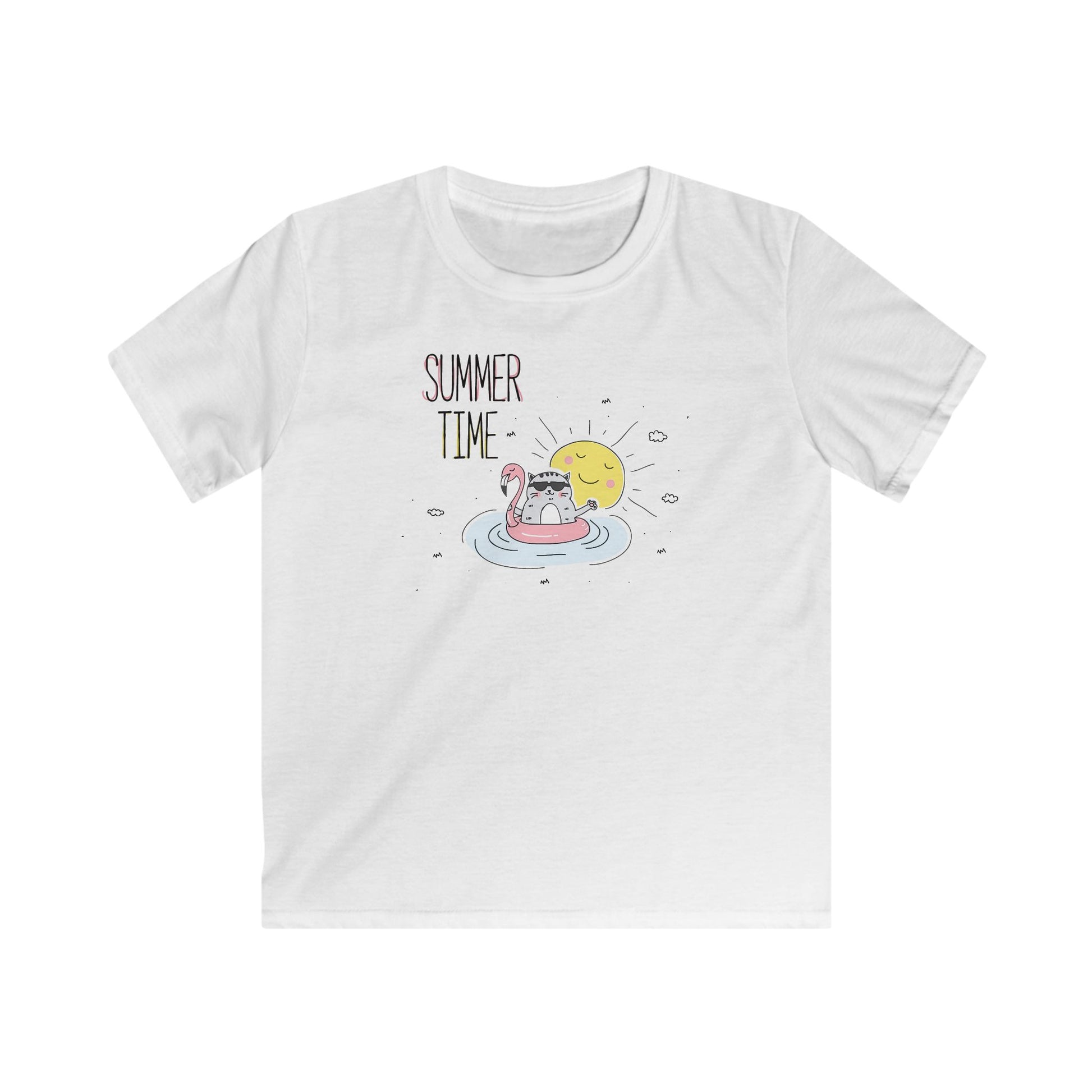 White childrens tee shirt with summer time graphic featuring a sun and a cat on inflatable float
