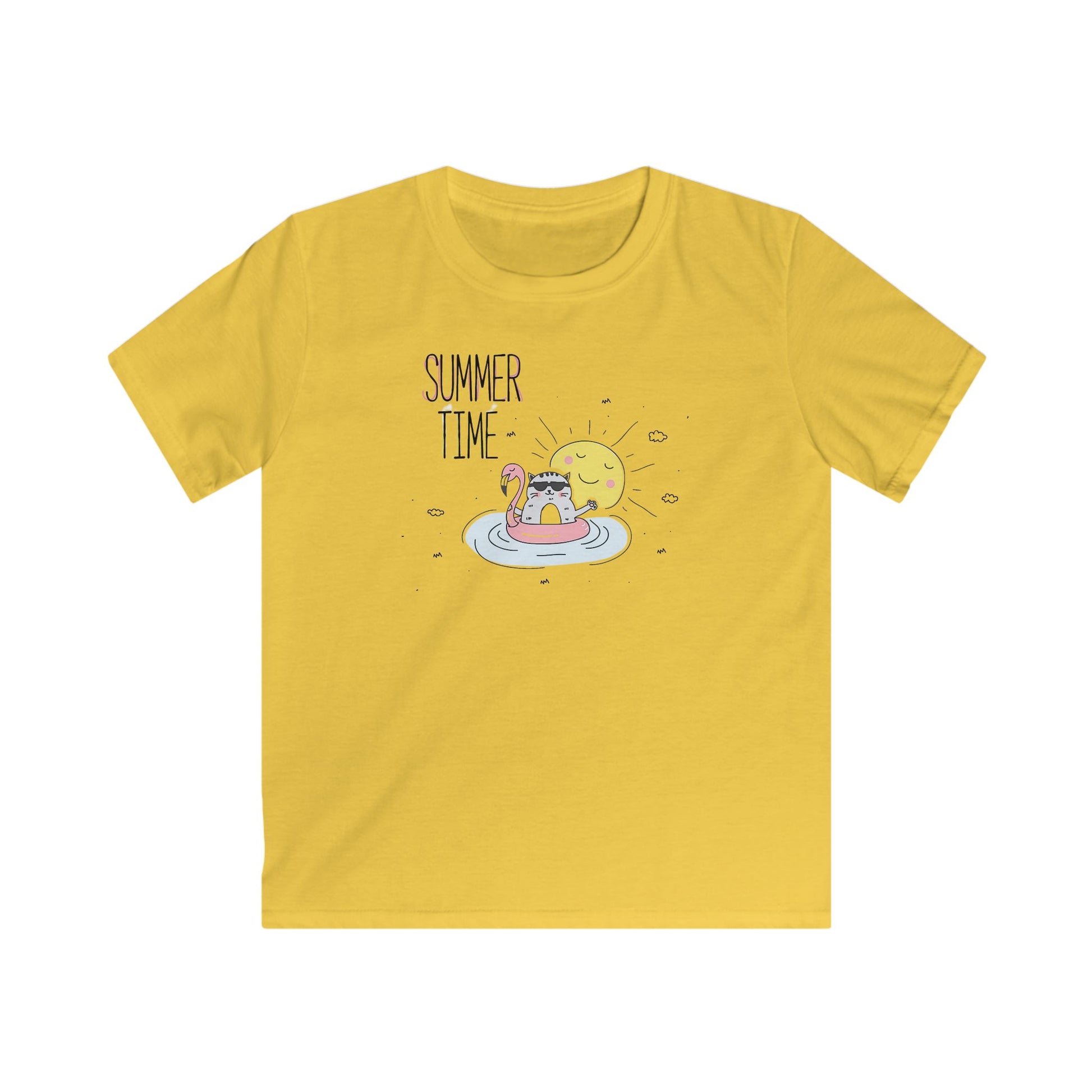 Yellow Printify childrens tee shirt with summer time graphic and cat in a float