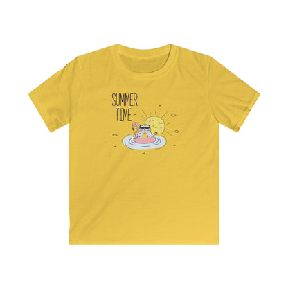 Yellow Printify childrens tee shirt with summer time graphic and cat in a float