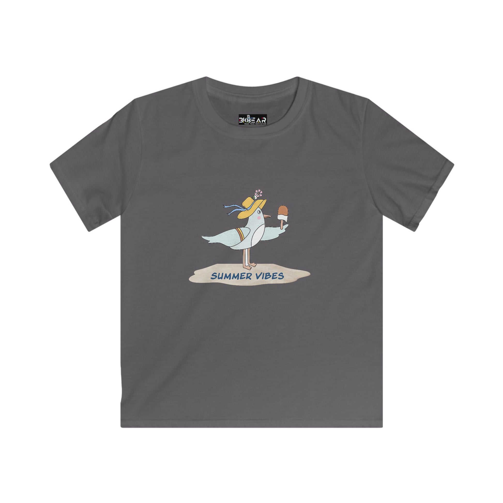 Printify kids childrens tee shirts gray with summer vibes bird holding ice cream design