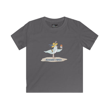 Printify kids childrens tee shirts gray with summer vibes bird holding ice cream design