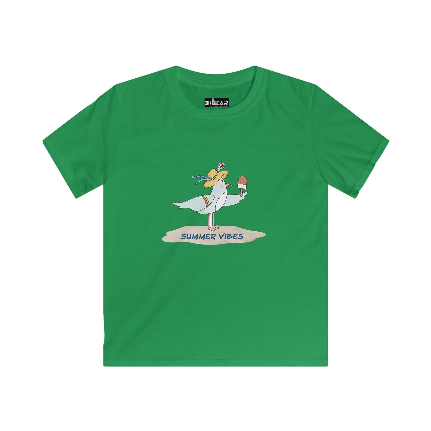 Green Printify childrens tee shirts with summer vibes seagull and ice cream graphic print