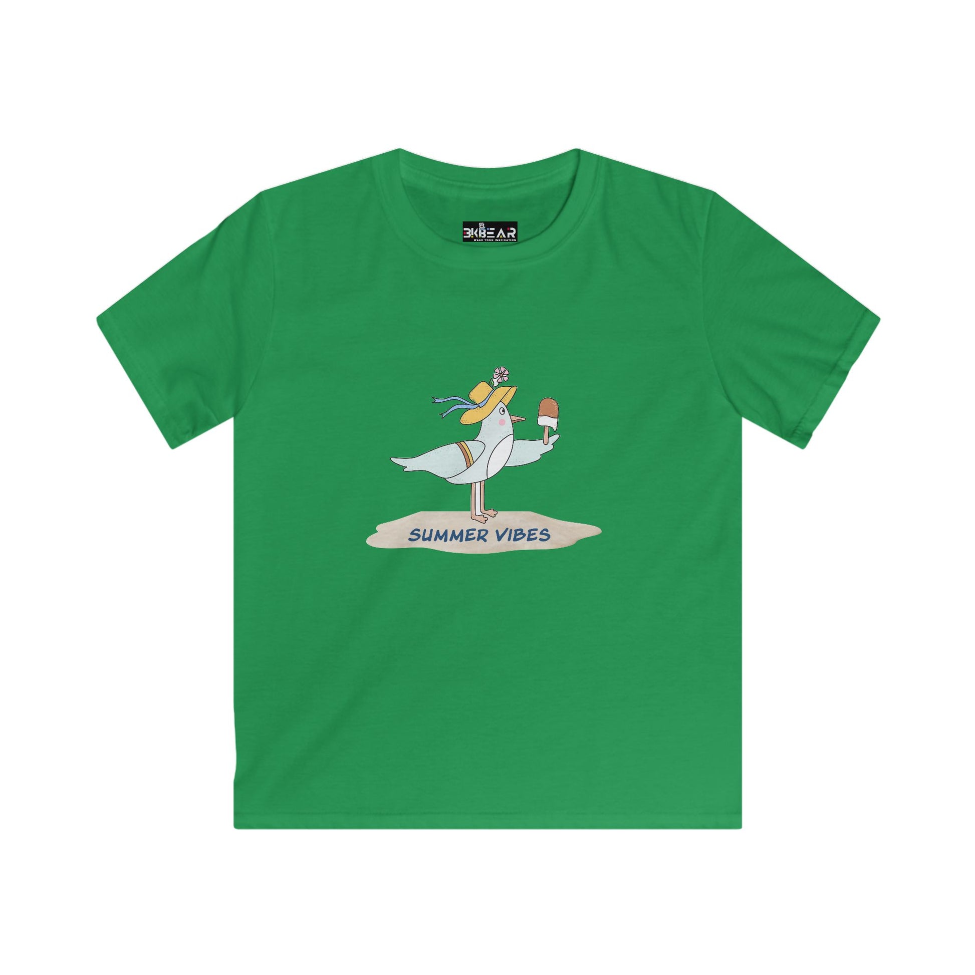 Green Printify childrens tee shirts with summer vibes seagull and ice cream graphic print