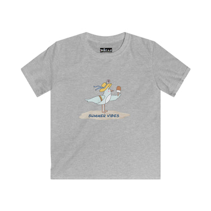 Gray childrens tee shirts with summer vibes seagull design and ice cream graphic for kids