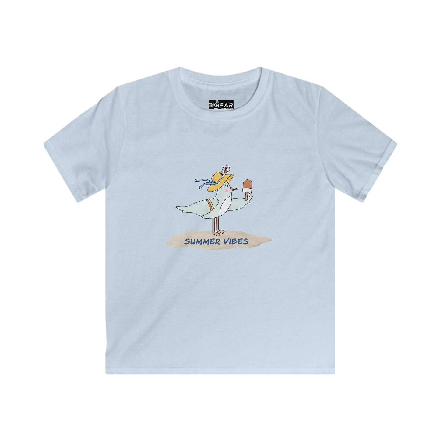Light blue childrens tee shirts with summer vibes seagull graphic from Printify for kids