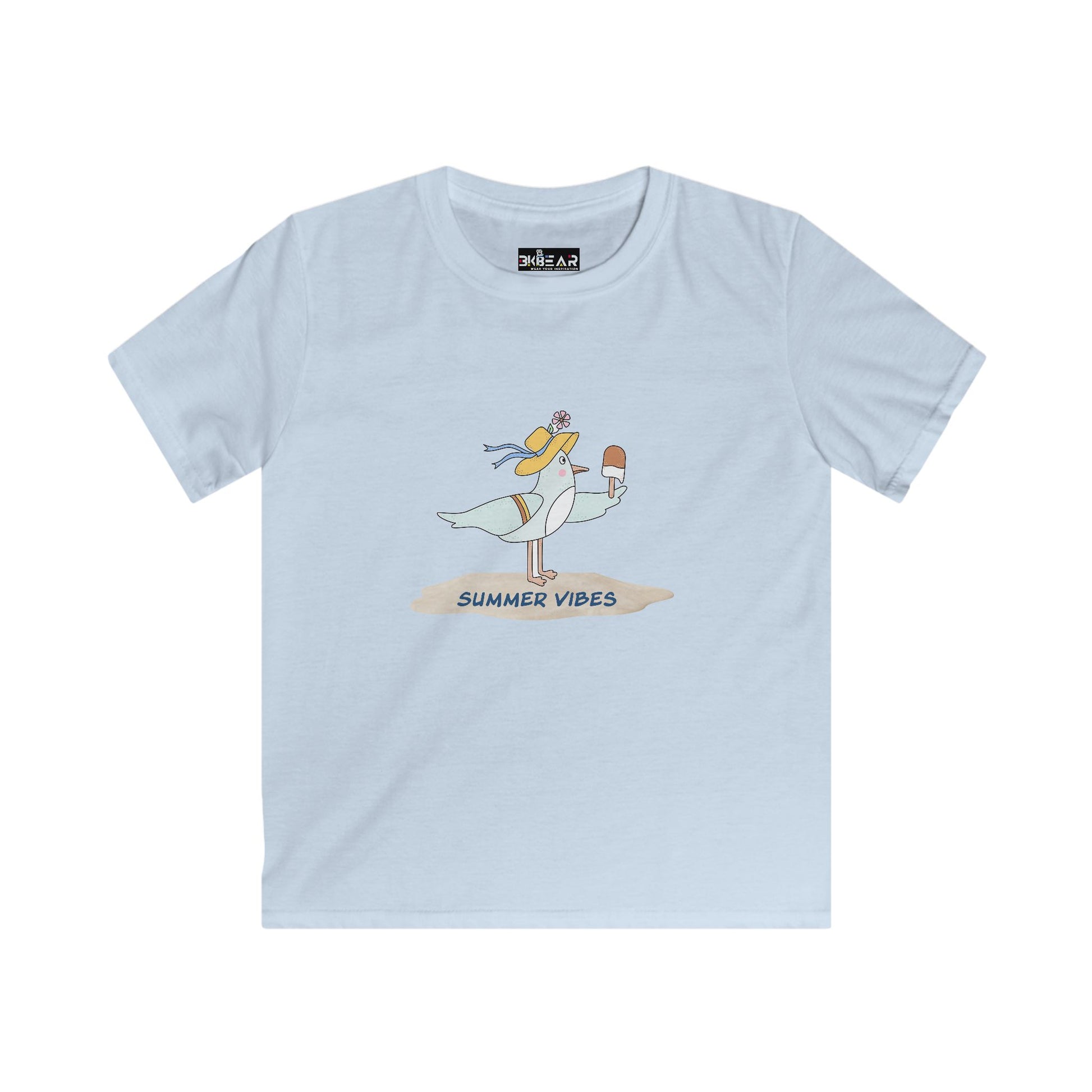 Light blue childrens tee shirts with summer vibes seagull graphic from Printify for kids