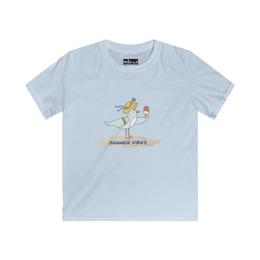 Light blue childrens tee shirts with summer vibes seagull graphic from Printify for kids