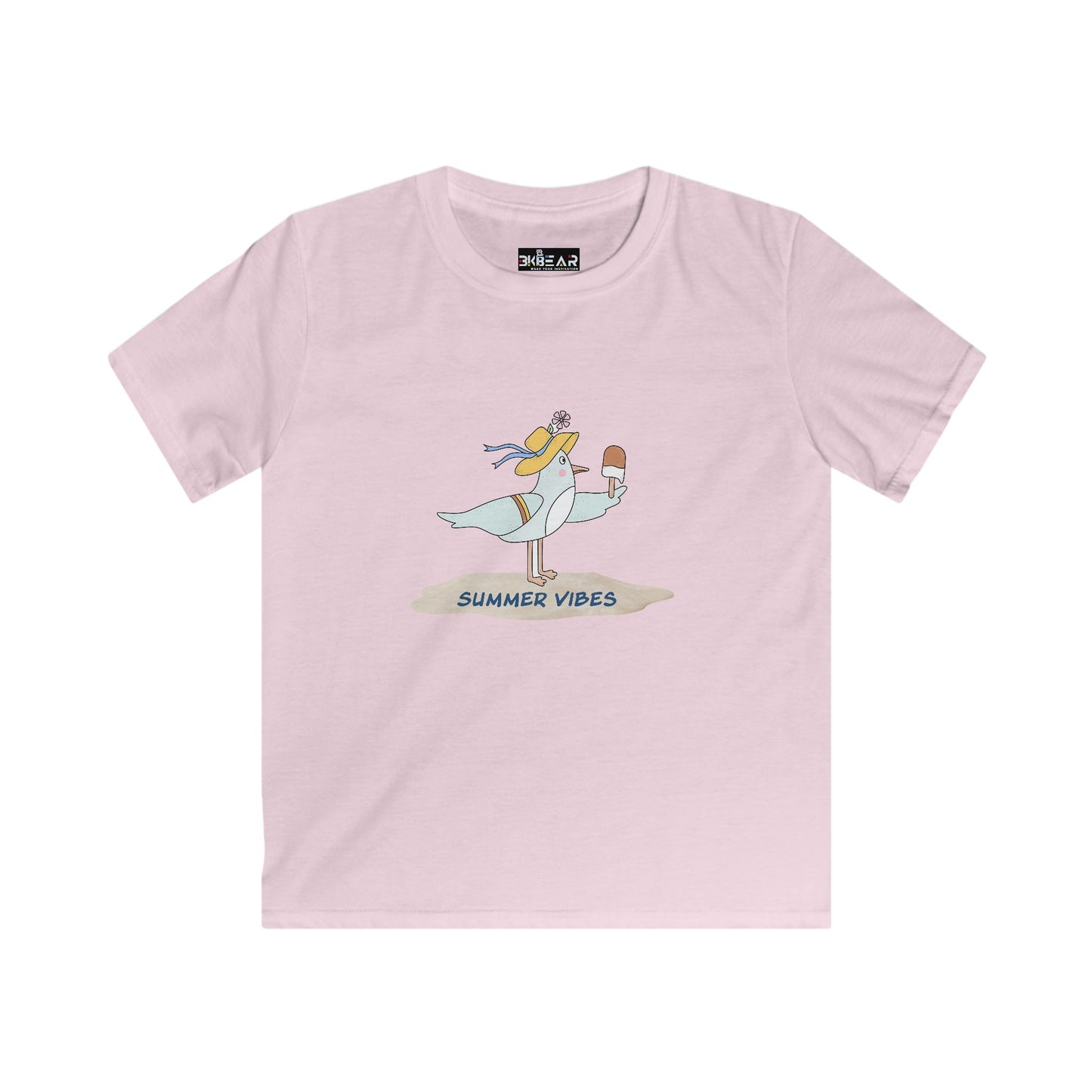 Pink Printify childrens tee shirts with summer vibes seagull design and ice cream graphic