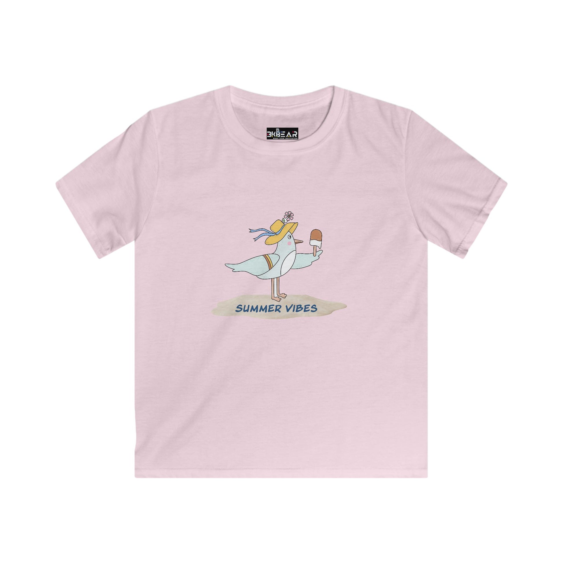 Pink Printify childrens tee shirts with summer vibes seagull design and ice cream graphic
