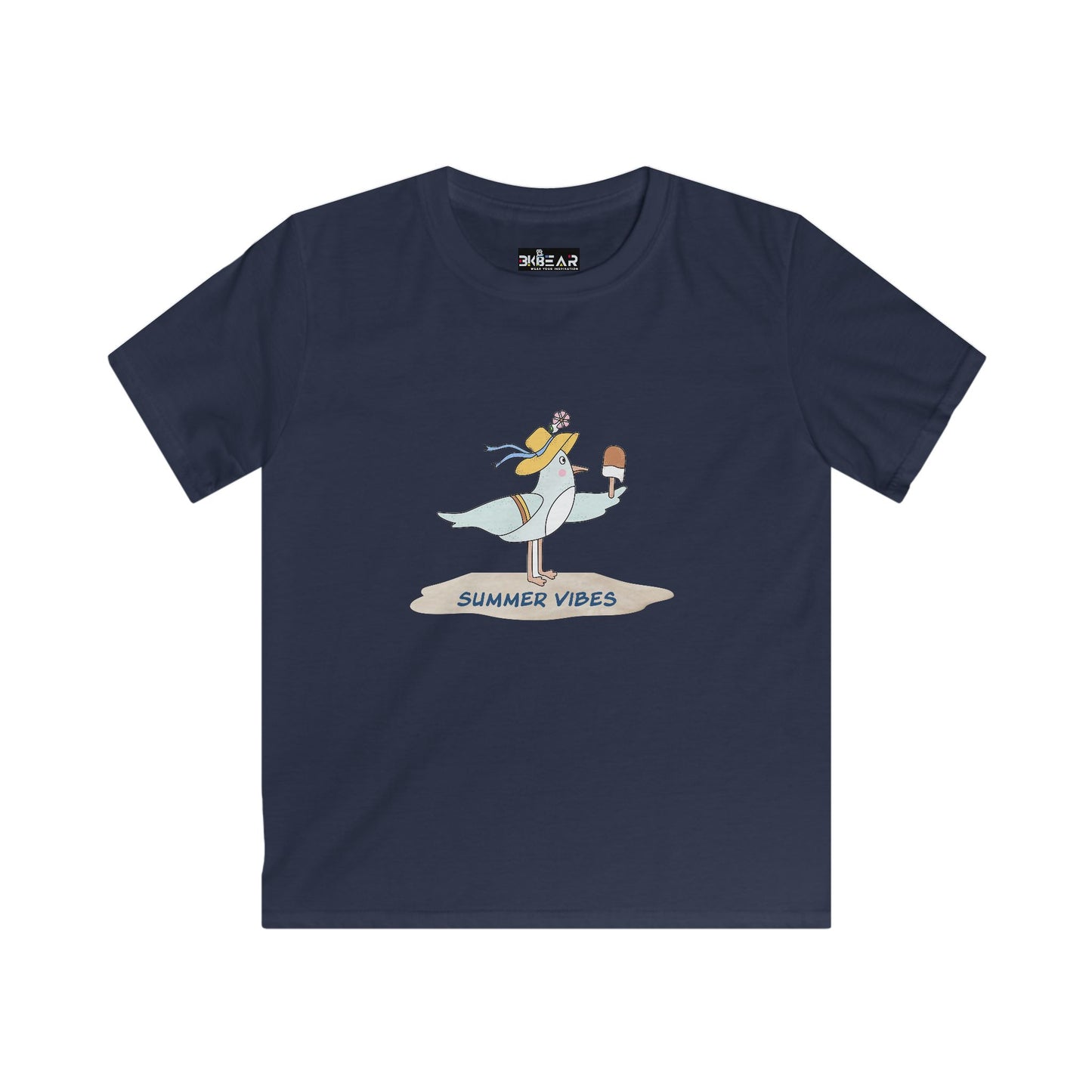 Printify navy childrens tee shirts with cute summer vibes bird holding ice cream design