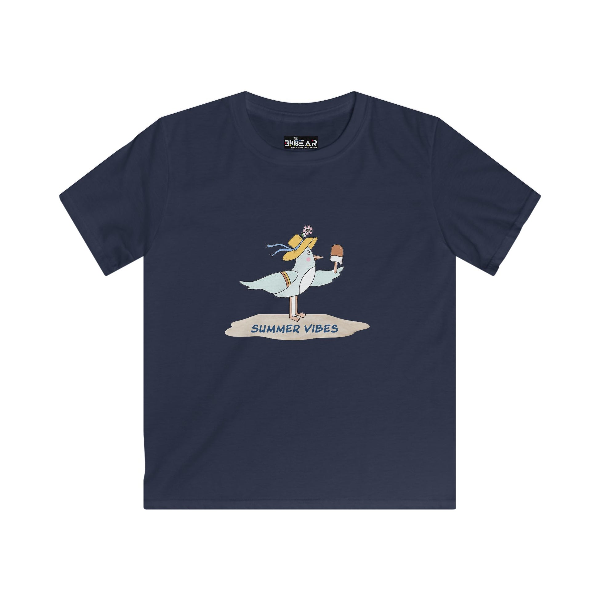 Printify navy childrens tee shirts with cute summer vibes bird holding ice cream design