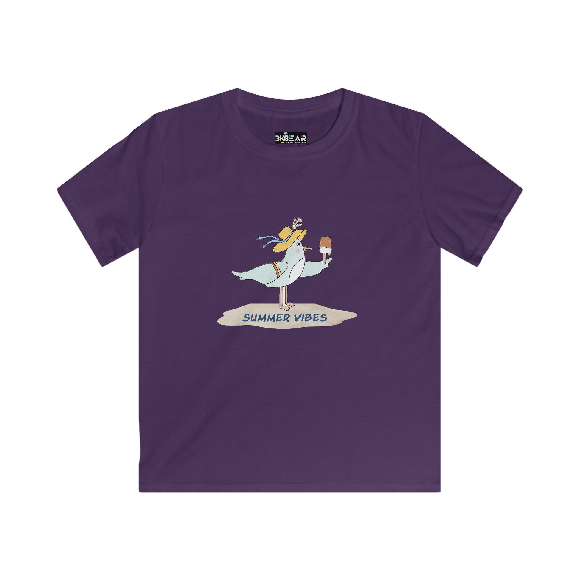 Purple childrens tee shirts with summer vibes seagull and ice cream graphic by Printify