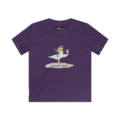 Purple childrens tee shirts with summer vibes seagull and ice cream graphic by Printify